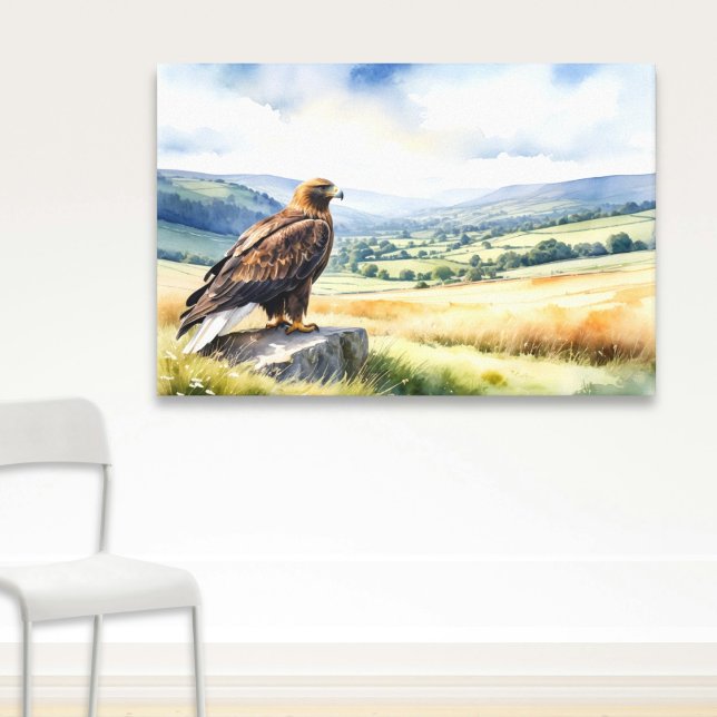 Impressão Em Tela Estilo de Aquarela do Campo da Águia do ouro (Canvas wall art in a watercolor style, of a golden eagle perched on a rock in open countryside)