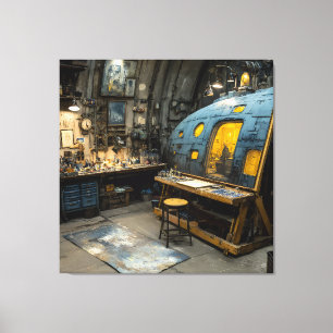 Impressão Em Tela Estúdio de Artista Steampunk Submarino Caos