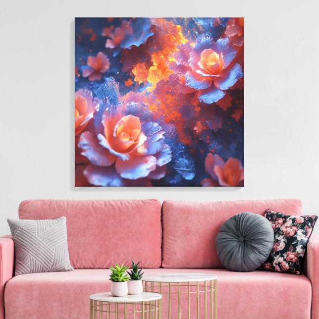 Impressão Em Tela Ethereal Floral Energy – Blue & Fiery Rose Art (Insitu(Sala de estar))