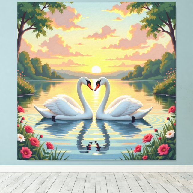 Impressão Em Tela Ewige Liebe –Zwei verliebte Schwäne im Abendlicht (Insitu(piso de madeira))