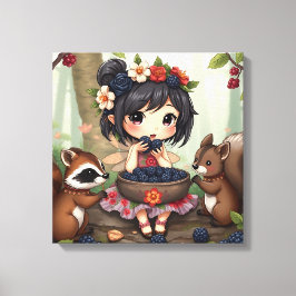 Impressão Em Tela Fada Chibi Comendo Amoras com Amigos da Floresta