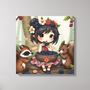Impressão Em Tela Fada Chibi Comendo Amoras com Amigos da Floresta