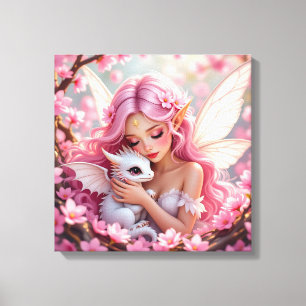 Impressão Em Tela Fada Elfa Rosa Bonita & Dragão