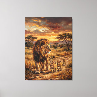 Impressão Em Tela Família Majestosa de Leões – Arte da Savana Dourad