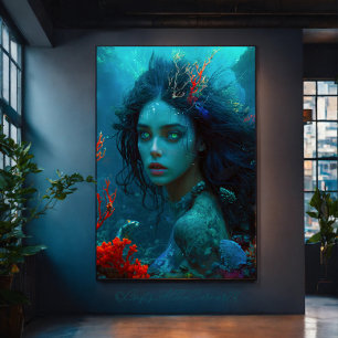 Impressão Em Tela Fantasia Mística Sereia Princesa Azul Submarino