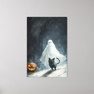 Impressão Em Tela Fantasma das Halloween e Gato Negro