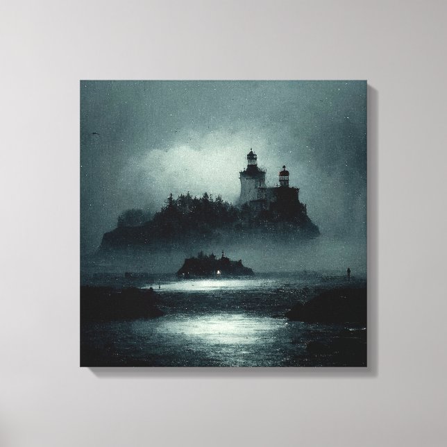 Impressão Em Tela Fantasy Island Lighthouse Misty Foggy Dark Night (Frente)
