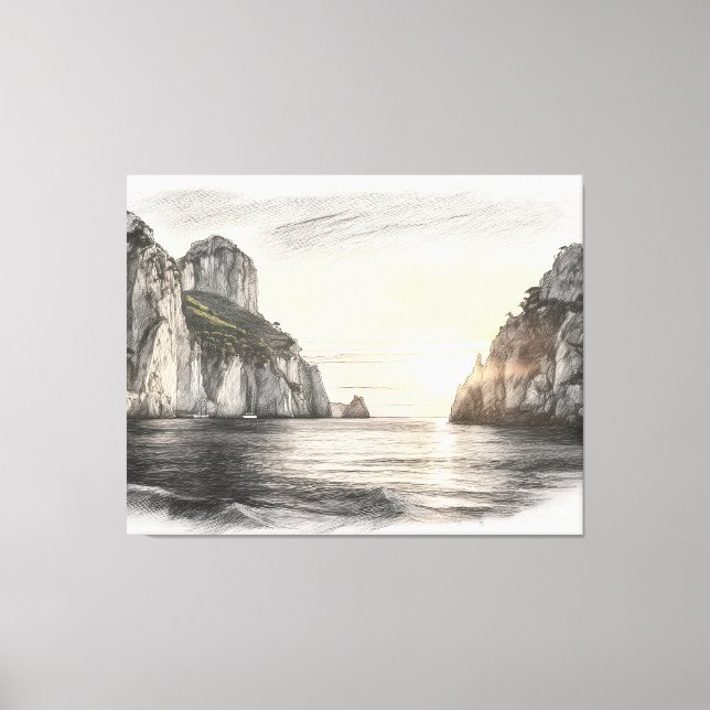 Impressão Em Tela Faraglioni cliffs over capri sea sunset drawing (Frente)