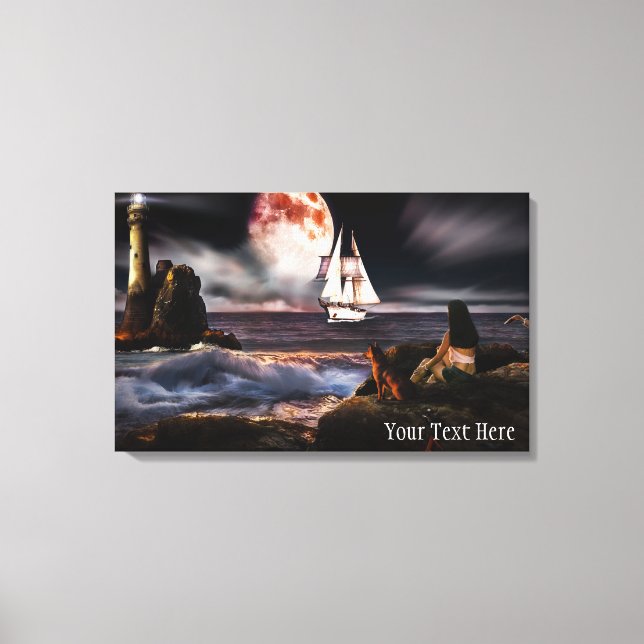 Impressão Em Tela Farol à noite com tela de lua gigante (Frente)