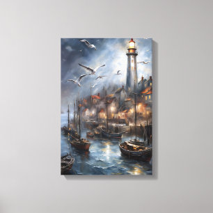 Impressão Em Tela Farol costeiro na arte náutica de Twilight