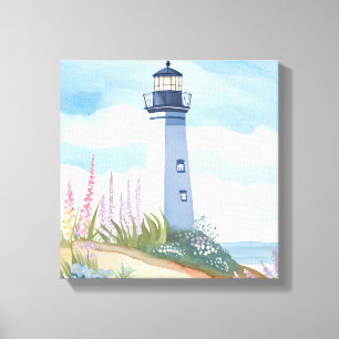 Impressão Em Tela Farol em Flor Floral Aquarela Costeira