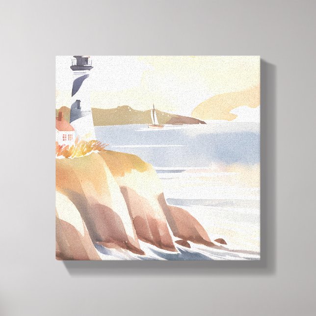 Impressão Em Tela Farol na margem | Oceano de Aquarela (Frente)
