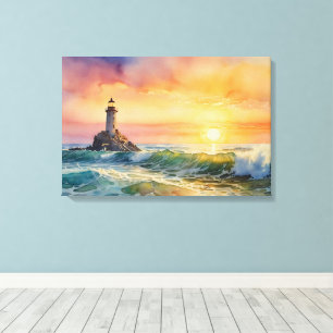Impressão Em Tela Farol Serene em Sunset - Arte de Parede Oceânica