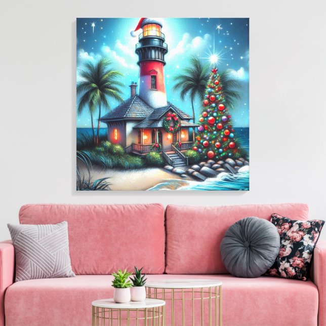 Impressão Em Tela Farol Tropical de Natal Whimsical Vermelho Teal (Insitu(Sala de estar))