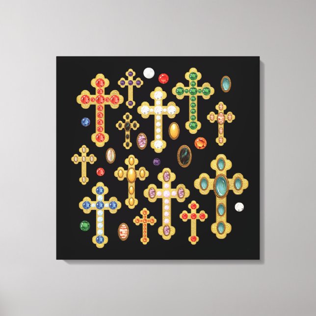 Impressão Em Tela Faux Birthstone Croses and Loose Gems on Black (Frente)