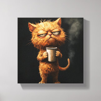 Impressão Em Tela Felino Elegante com Café - Gato Sofisticado