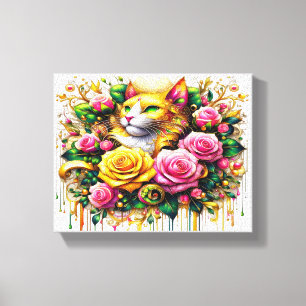 Impressão Em Tela Felino em meio a Bloom Floral Vibrante 10x8