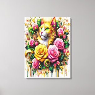 Impressão Em Tela Felino em Meio a um Vibrante Florescer Floral 18x2