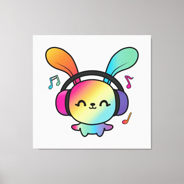 Impressão Em Tela Feliz Bunny com fones de ouvido ouvindo música. (Frente)