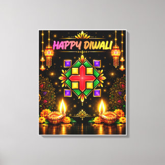 Impressão Em Tela Feliz Diwali Colorido Rangoli e Diya Tradicional