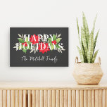Impressão Em Tela Feliz Feriado Cinza Natal Família Floral<br><div class="desc">Esta moderna porta de Natal para a tipografia floral apresenta uma redação "Felizes Feriados" enquadrada por um elegante design de cor floral e verde-aquática de inverno. Inclui folhas e bagas sagradas, flores de poinsettia e ramos de folhas. Personalize o texto do script com o sobrenome da sua família ou outro...</div>