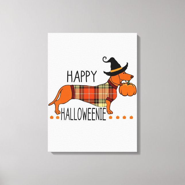 Impressão Em Tela Feliz Halloweenie Cachorro Engraçado Queda Dia das (Frente)