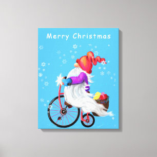 Impressão Em Tela Feliz Natal - Gnomo Engraçado com Bicicleta e Pre