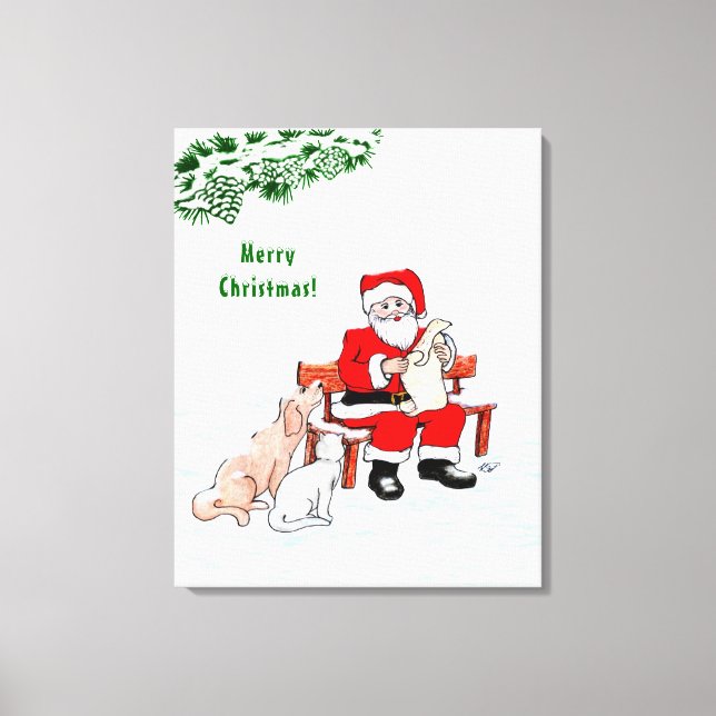 Impressão Em Tela Feliz Natal! Papai Noel com Gato e Cão (Frente)