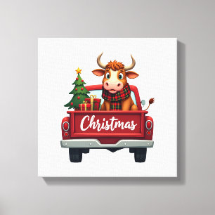 Impressão Em Tela Feliz Natal Vaca Highland Árvore de Natal Caminhão