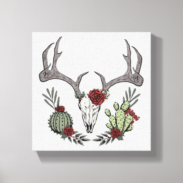 Impressão Em Tela Feliz Natal Y'All Reindeer Skull e Cactus (Frente)