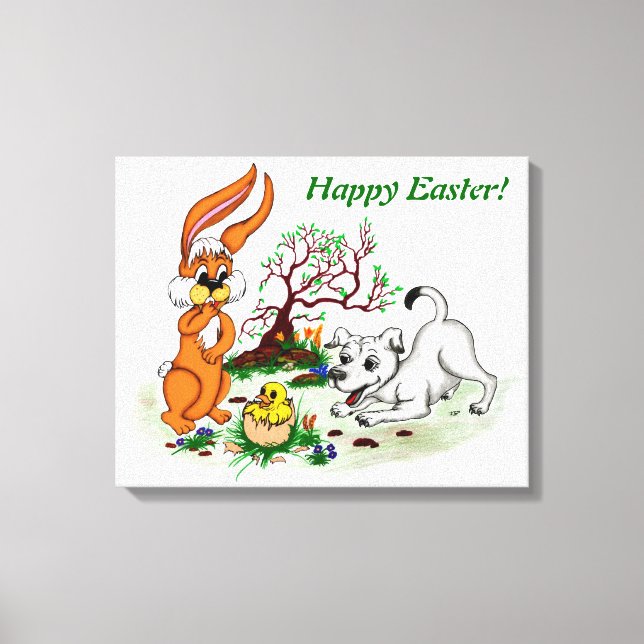 Impressão Em Tela Felz pascoa! Welpe, Küken, Hase (Frente)