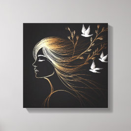 Impressão Em Tela Feminine Line Art Profile with Gold Birds and Bran