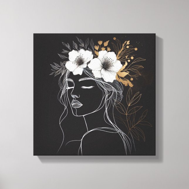Impressão Em Tela Feminine Line Art with Floral Crown (Frente)