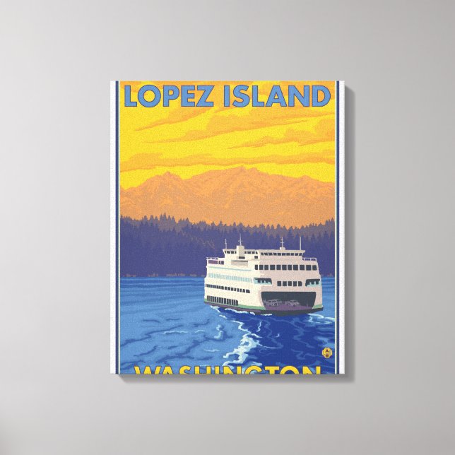 Impressão Em Tela Ferry and Mountain - Ilha de Lopez, Washington (Frente)