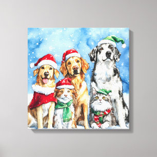 Impressão Em Tela Festa de Patas Nevadas Fofa Natalina Pets Aquarela