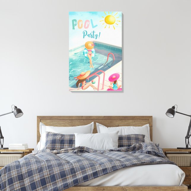 Impressão Em Tela Festa de Piscina de Verão Divertida Aquarela 16 (Insitu(Quarto))