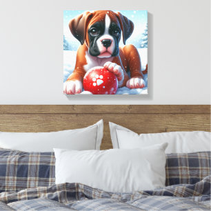Impressão Em Tela Filhote de Boxer Brincando na Neve com uma Bola Ve
