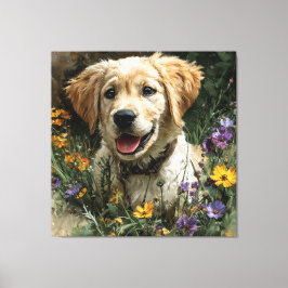 Impressão Em Tela Filhote de Retriever Dourado Prado de Flor Silvest