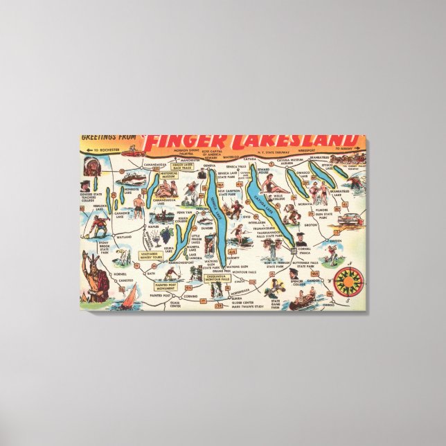 Impressão Em Tela Fingerlakes, Nova Iorque - Mapa Detalhado (Frente)