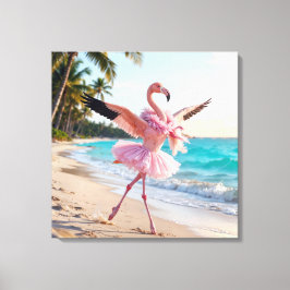 Impressão Em Tela Flamingo Bailarina de Tutu Rosa na Praia