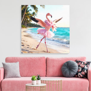 Impressão Em Tela Flamingo Bailarina de Tutu Rosa na Praia