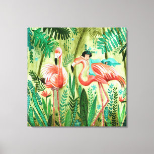 Impressão Em Tela Flamingo na selva tropical emoldurado
