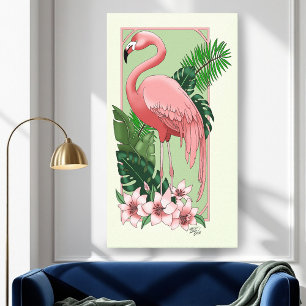 Impressão Em Tela Flamingo Rosa Tropical Folhas de Palma Verde Lírio