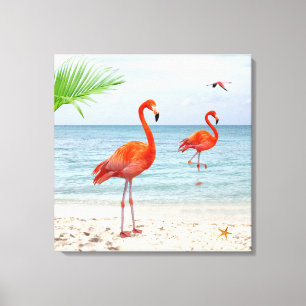 Impressão Em Tela Flamingos Vermelhos Vibrantes & Palmeira na Praia