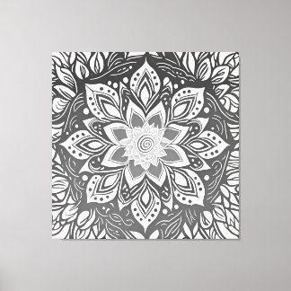 Impressão Em Tela Flor Mandala em tons de cinza em preto e branco