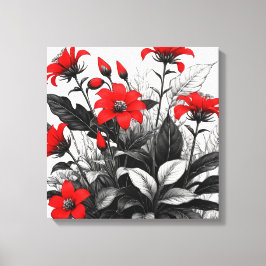 Impressão Em Tela Flor Vermelha Na Planta Branca Preta