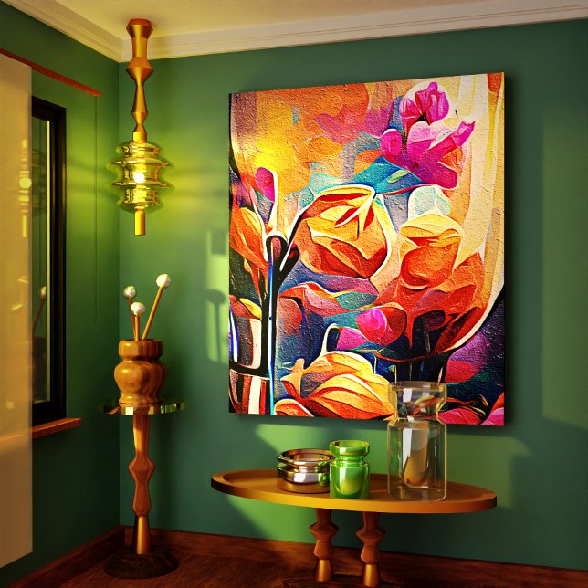 Impressão Em Tela Floral Abstrato Art Laranja Vermelho Azul Flores (Floral Abstract Art Orange Red Blue Flowers Canvas Print)