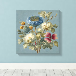 Impressão em Tela Floral Azul e Marfim Vintage