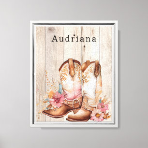 Impressão Em Tela Floral Cowgirl Boots Ivory Faux Wood Personalizada