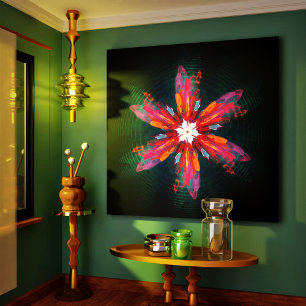 Impressão Em Tela Floral Flores de Mandala Laranja Vermelho Abstrato